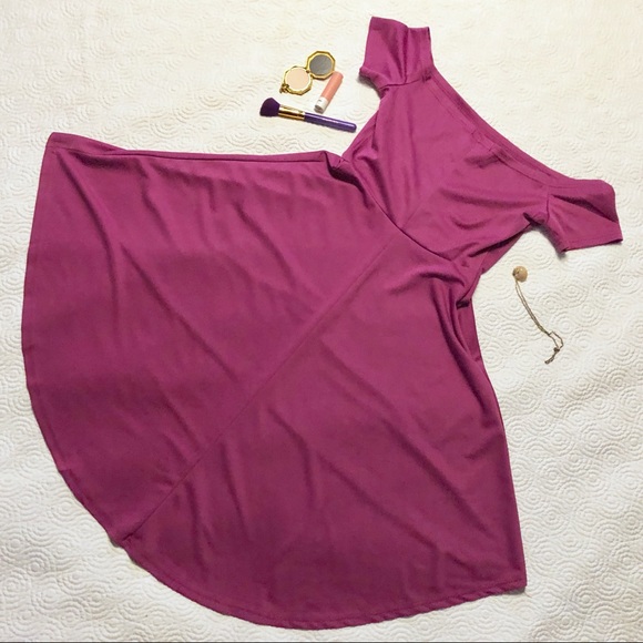 Fashion fuchsia off shoulder hi low dress - Picture 2 of 5
